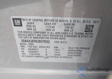 2018 Chevrolet Equinox Lt из США, поврежденный, VIN 3GNAXJEV8JS578522